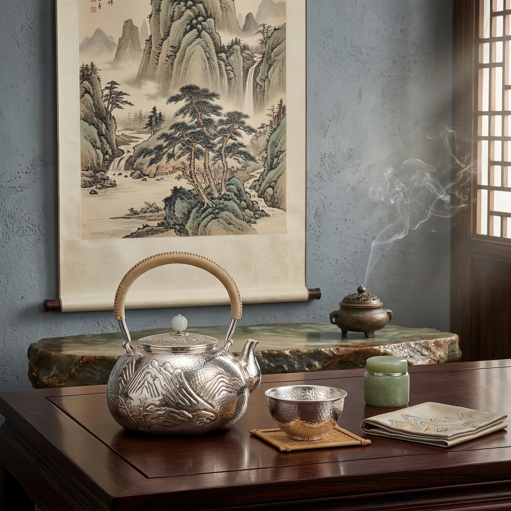 925 Sterling Silver Hand-Hammered Silver Teapot with Embossed Mountain Landscape and Woven Handle - Handicraft