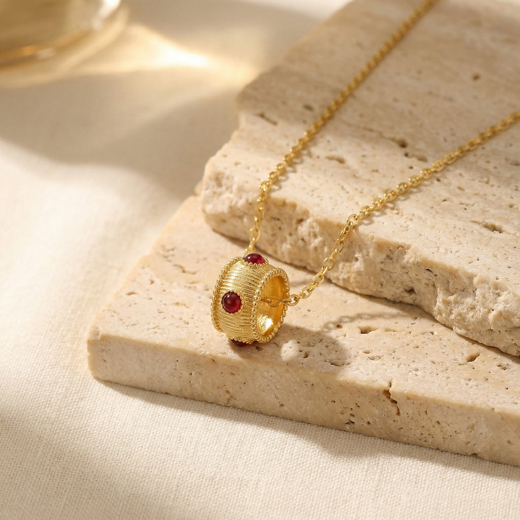 925 Sterling Silver Elegant Ribbed Barrel Pendant Necklace with Deep Red Cabochons
