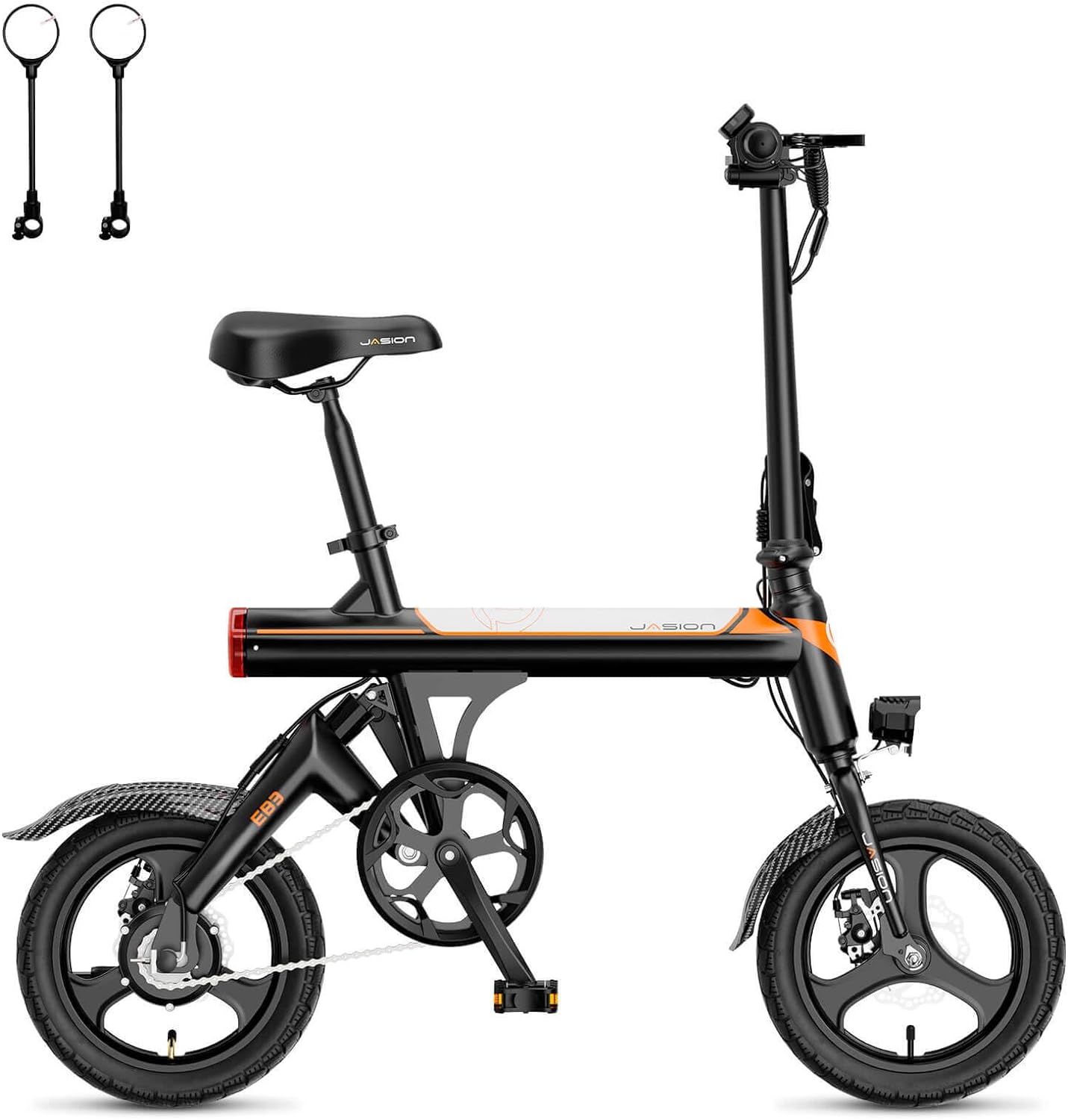 Jasion EB3 Electric Bike Adults 21mph, 500W Peak Motor, 270Wh Battery, Rear Suspension, 3 Levels Assist, 14" Folding Ebike for Adults and Teens, Complies to UL2849