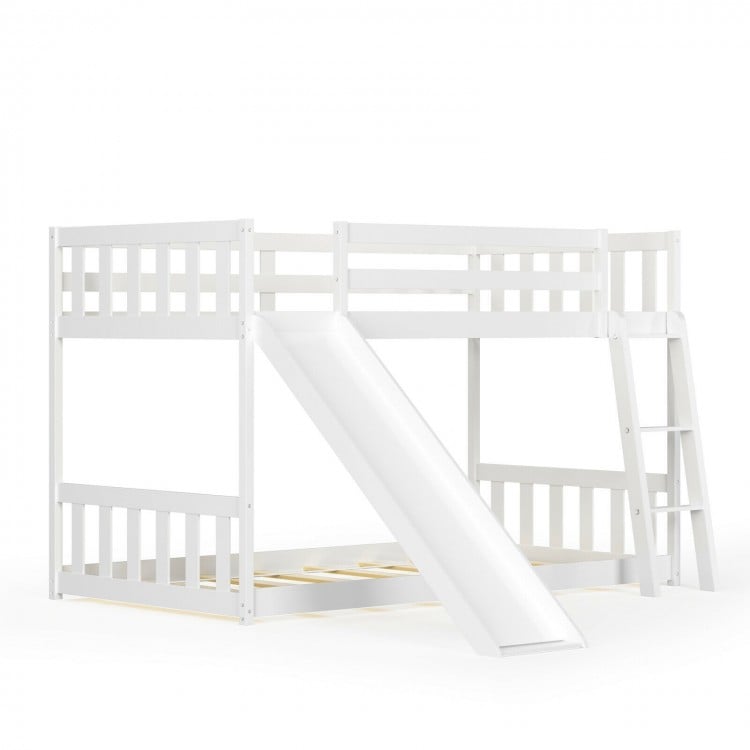 Twin Over Twin Bunk Wooden Low Bed with Slide Ladder for Kids