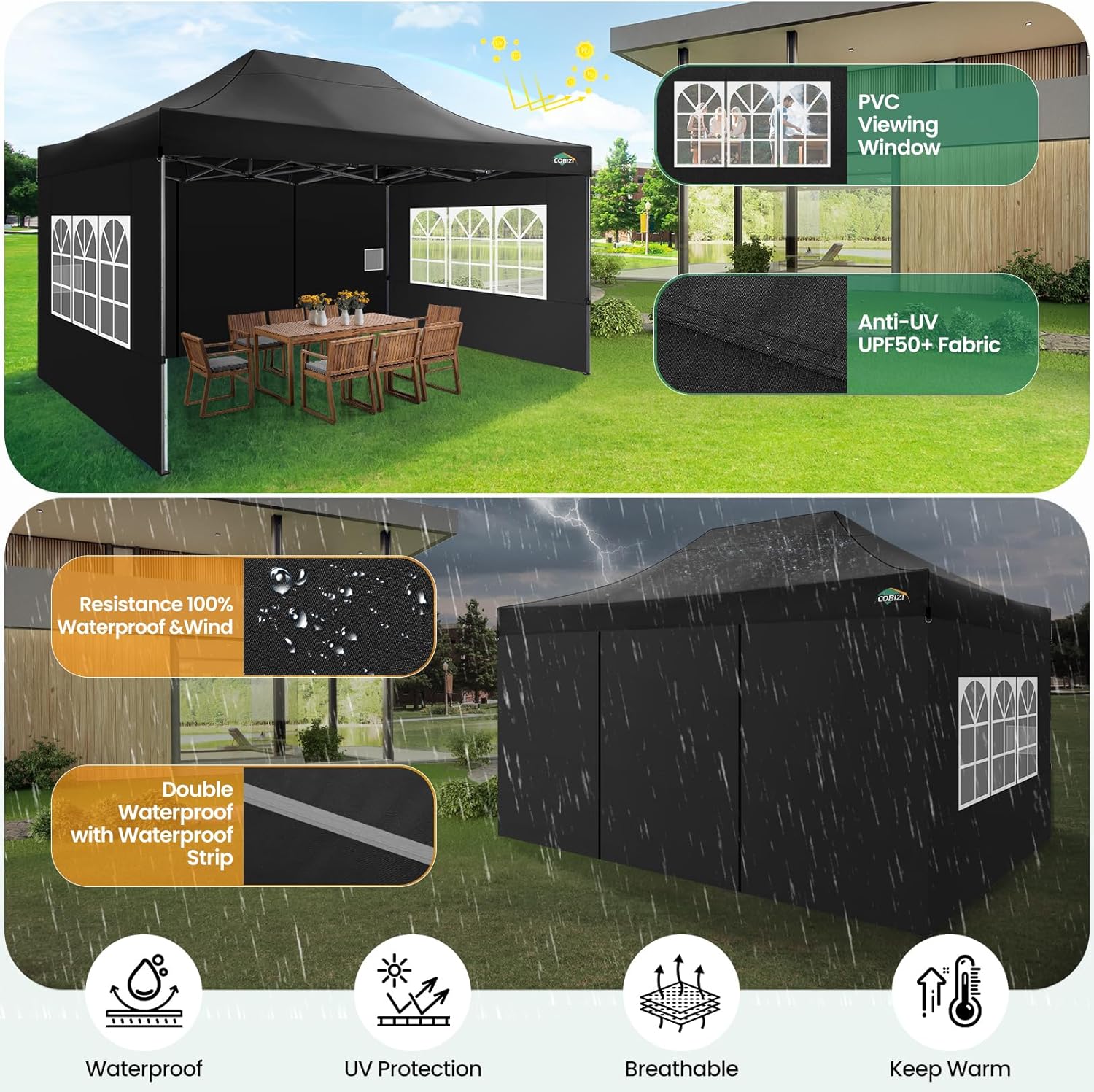 COBIZI 10x20 Heavy Duty Pop up Canopy Tent with 6 sidewalls Easy Up Commercial Outdoor Canopy Wedding Party Tents for Parties All Season Wind & Waterproof Gazebo with Roller Bag,Black(Frame Thickened)