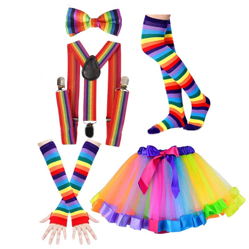 Neon Ball Party Rainbow Striped Gloves Bow Tie Suspenders Stockings Skirt Suit