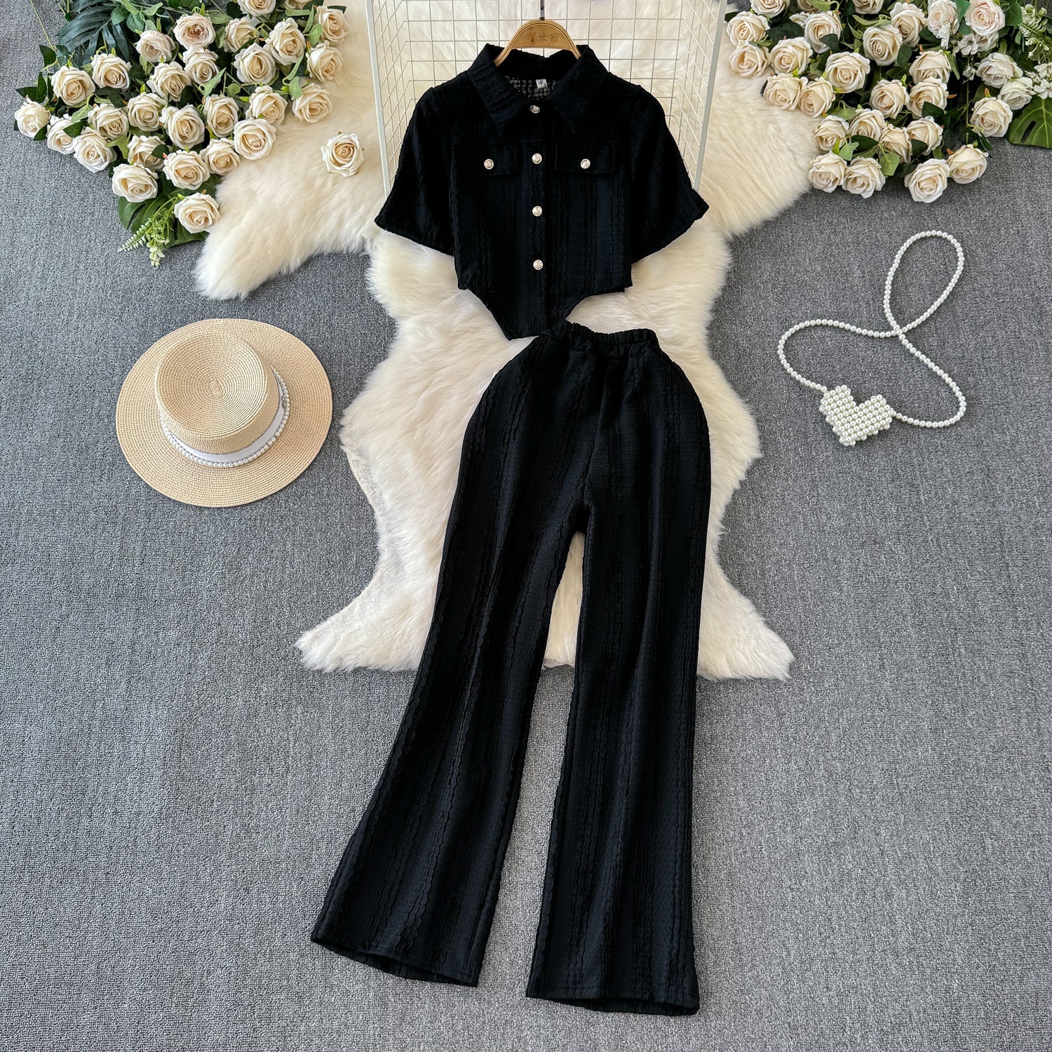 Womens Wide-leg Pants And Slim-fit Single-breasted Top Two-piece Set