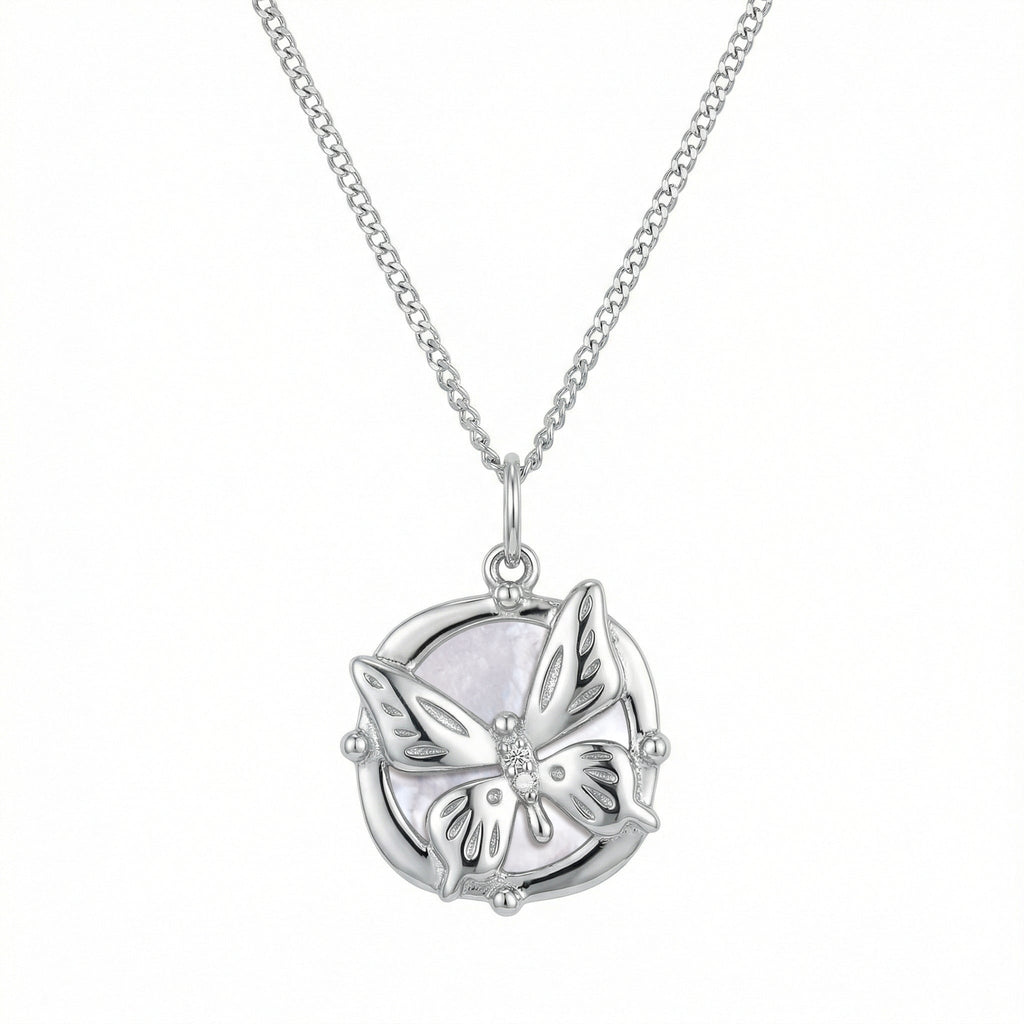 925 Sterling Silver Elegant Sterling Silver Butterfly Pendant Necklace in a Circular Frame