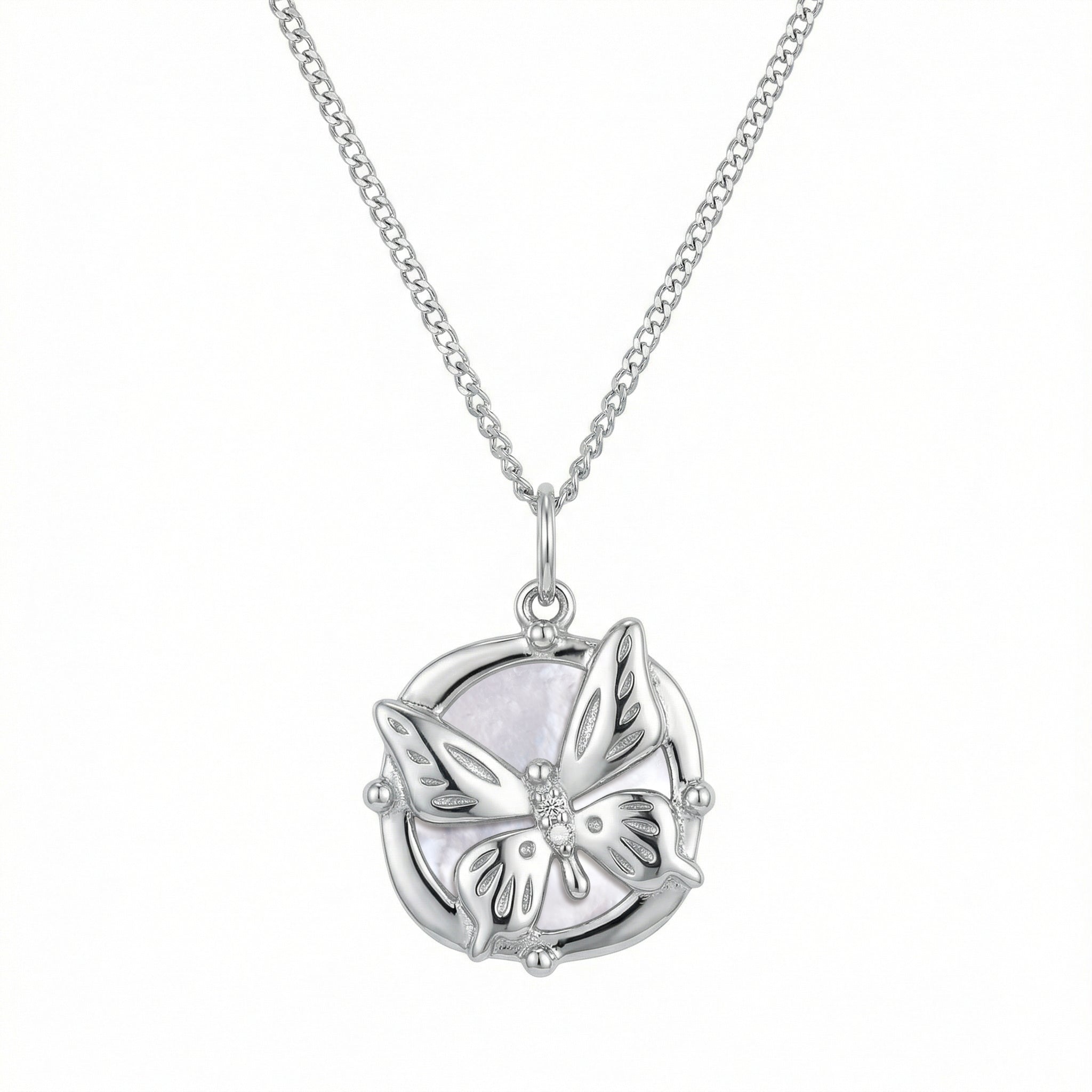 925 Sterling Silver Elegant Sterling Silver Butterfly Pendant Necklace in a Circular Frame