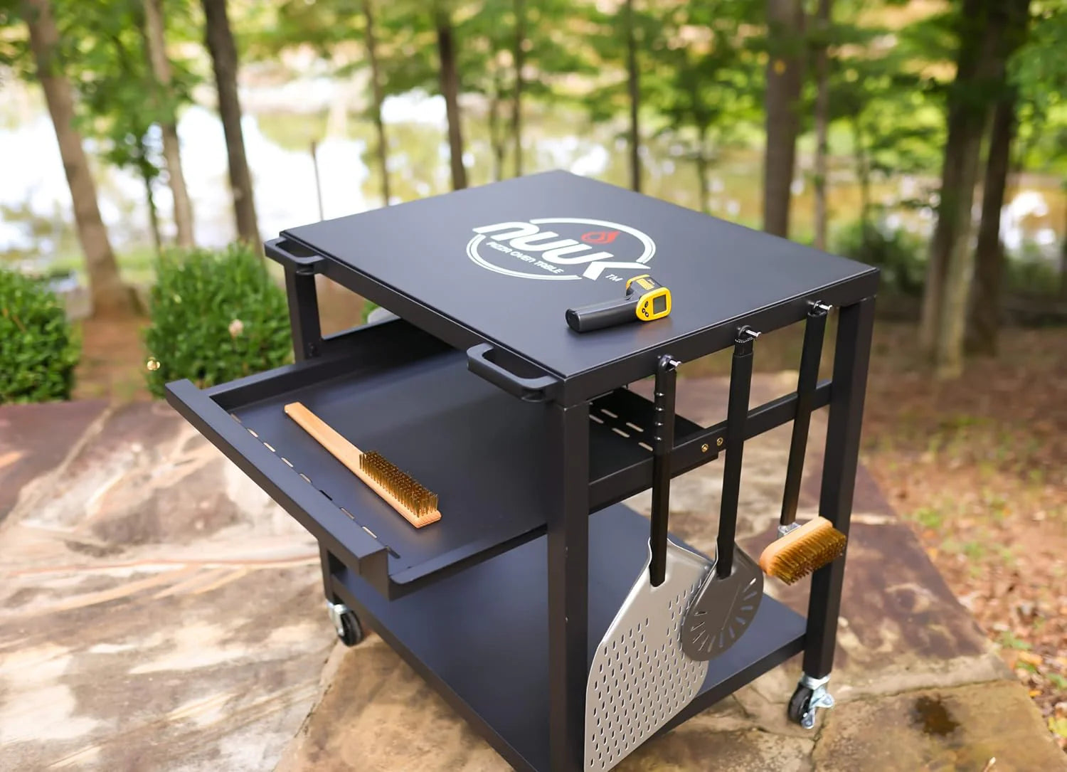NUUK Outdoor Pizza Oven Table, Heavy Duty Rolling Prep Station with Three Shelves, 24′′x30′′, Stainless or Solid Steel