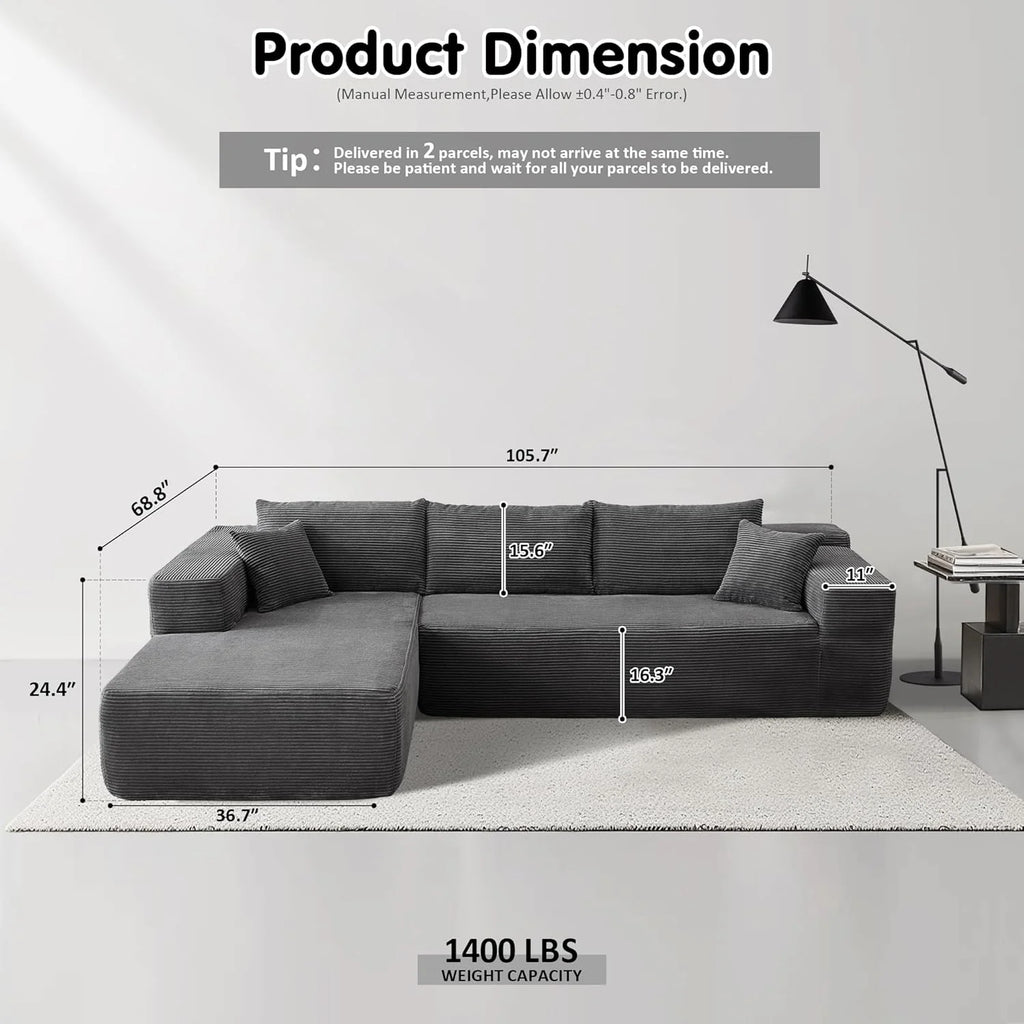 ovios 104" Cloud Sectional Couch with L-Shape Chaise,Modern Modular Sofa with Deep Seat, Upholstered Couches for Living Room Bedroom,No Assembly Required, Black (Corduroy Fabric)