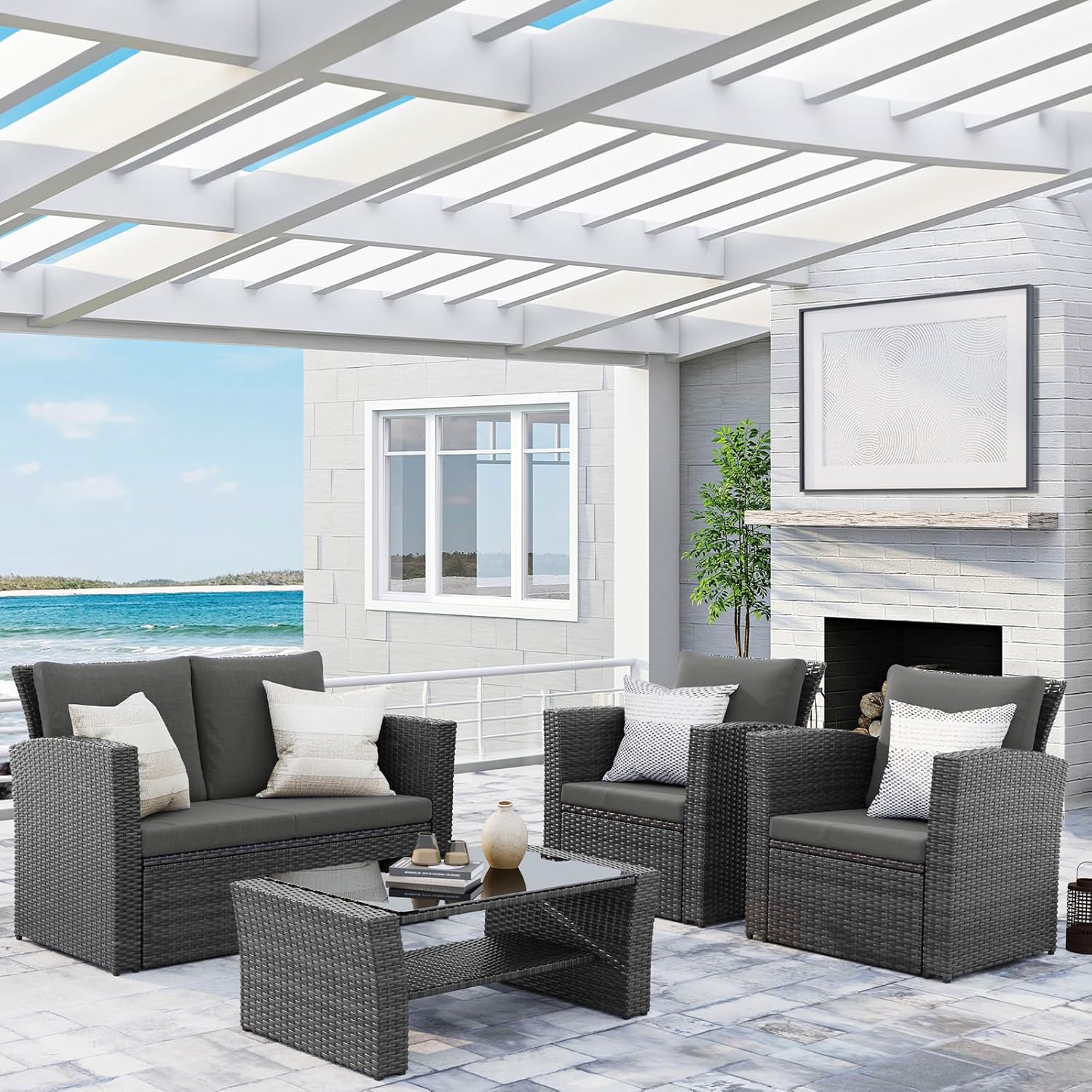 Wisteria Lane 4 Piece Outdoor Patio Furniture Sets, Wicker Conversation Set for Porch Deck, Grey Rattan Sofa Chair with Cushion ��Blue