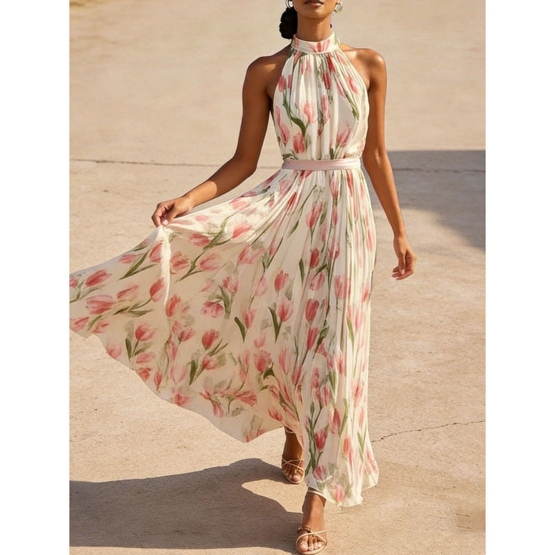 Womens Swing-Style Halterneck Printed Dress