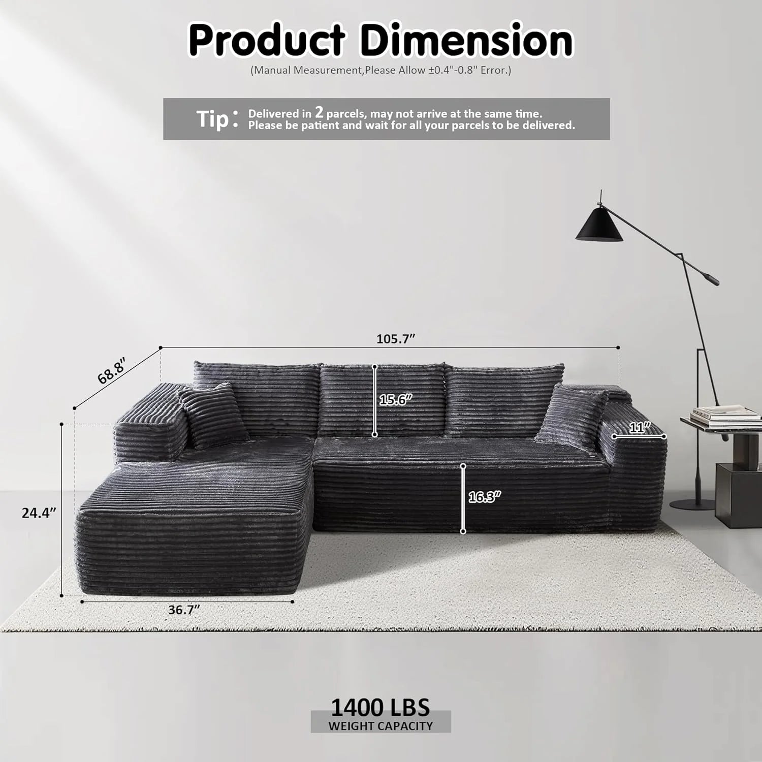 ovios 104" Cloud Sectional Couch with L-Shape Chaise,Modern Modular Sofa with Deep Seat, Upholstered Couches for Living Room Bedroom,No Assembly Required, Black (Corduroy Fabric)