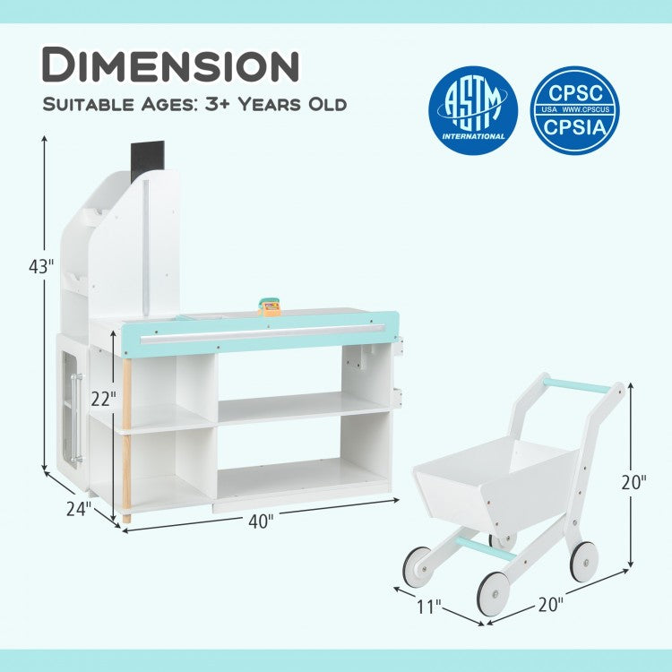 Wooden Kids Supermarket Playset with Cash Register and Shopping Cart