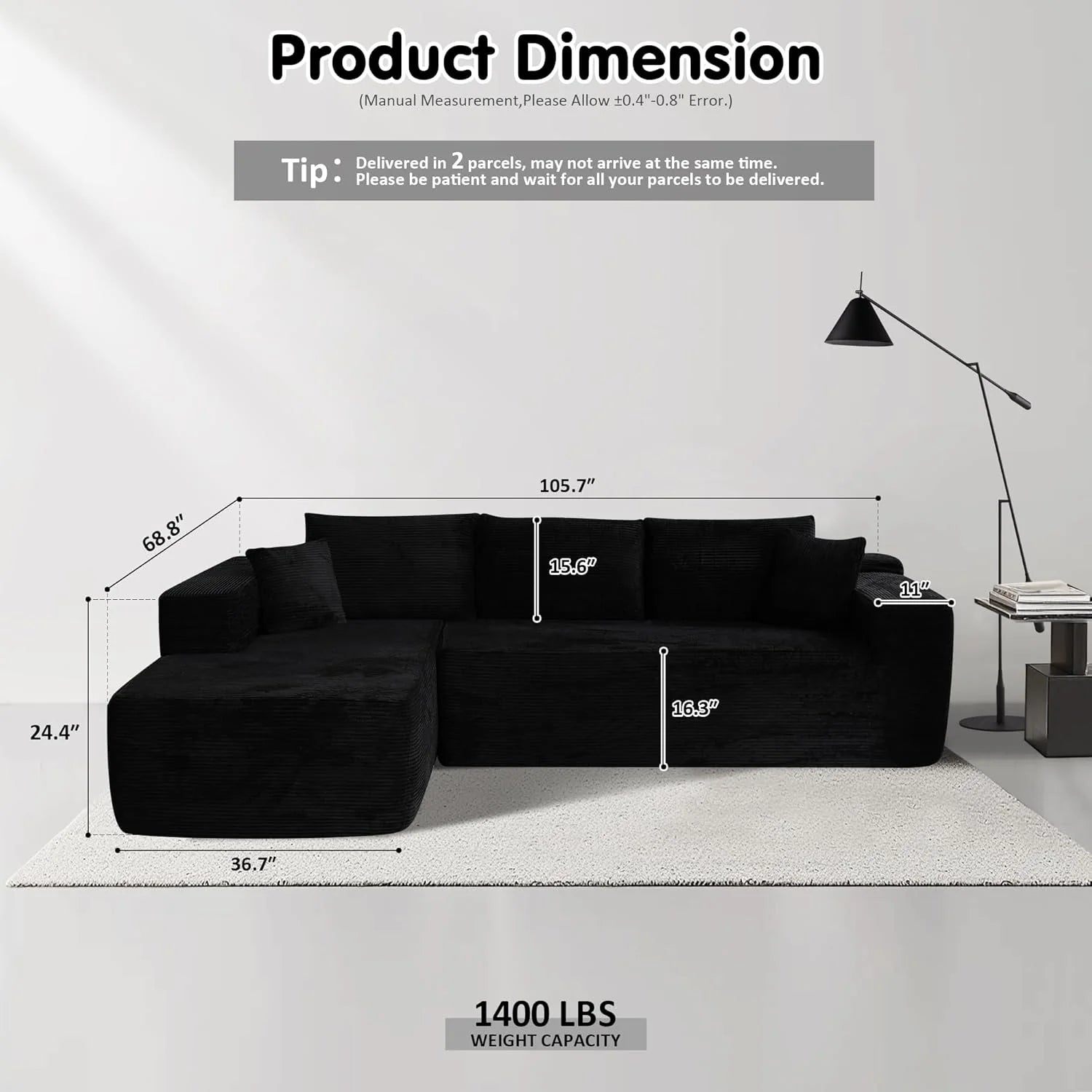 ovios 104" Cloud Sectional Couch with L-Shape Chaise,Modern Modular Sofa with Deep Seat, Upholstered Couches for Living Room Bedroom,No Assembly Required, Black (Corduroy Fabric)