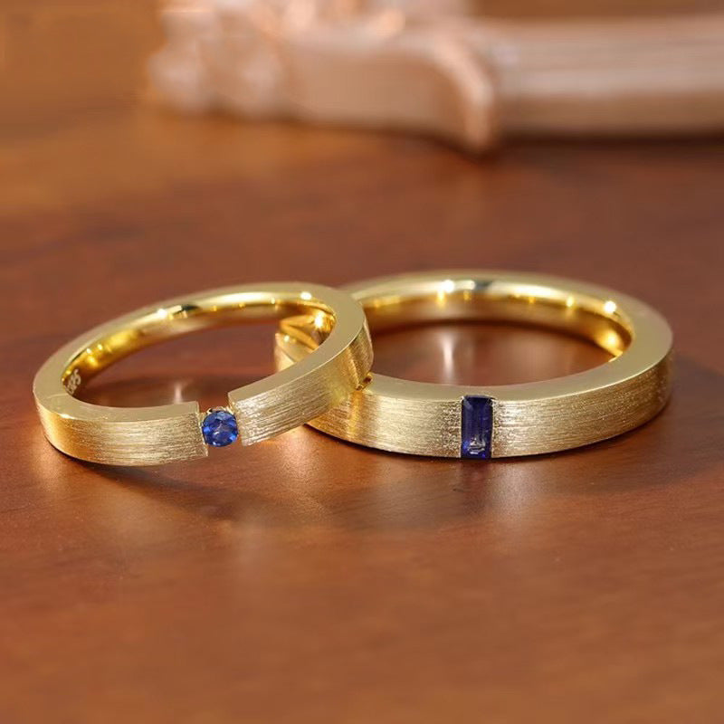 Hand-drawn And Engraved Blue Zircon Gold-plated Men's And Women's Matching Rings