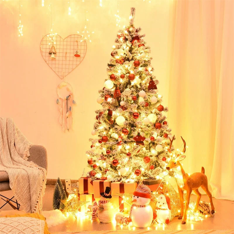 Premium Pre-Lit Snow Flocked Artificial Christmas Tree with Hinged Branch Tips & LED Lights