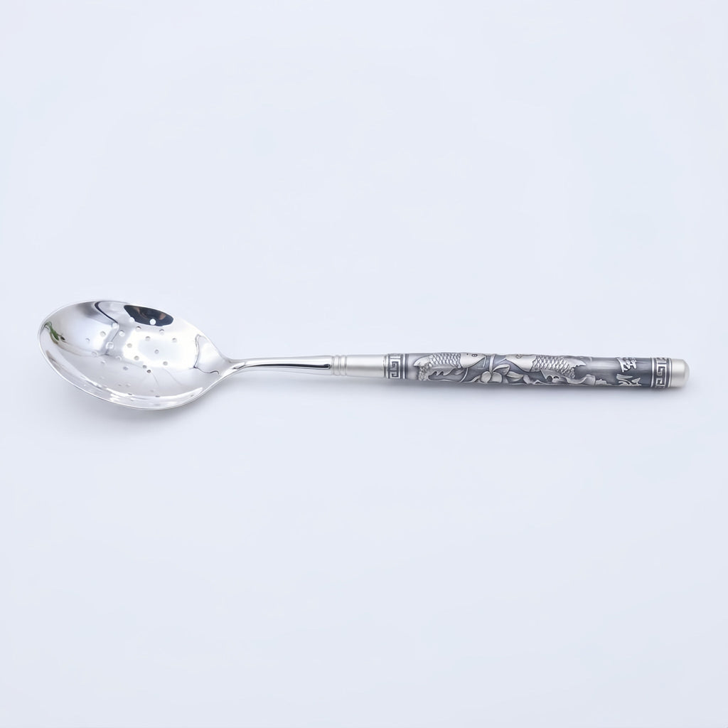 925 Sterling Silver Ornate Silver-Tone Slotted Spoon with Intricate Koi Fish and Traditional Pattern Embossed Handle - Handicraft