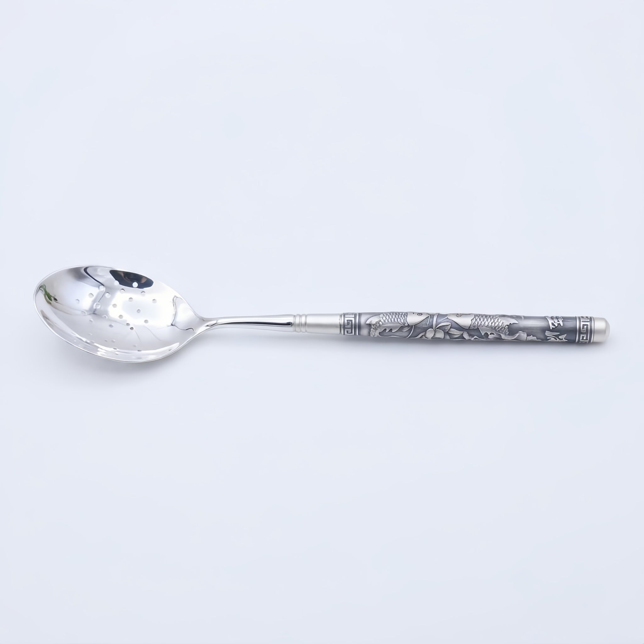 925 Sterling Silver Ornate Silver-Tone Slotted Spoon with Intricate Koi Fish and Traditional Pattern Embossed Handle - Handicraft