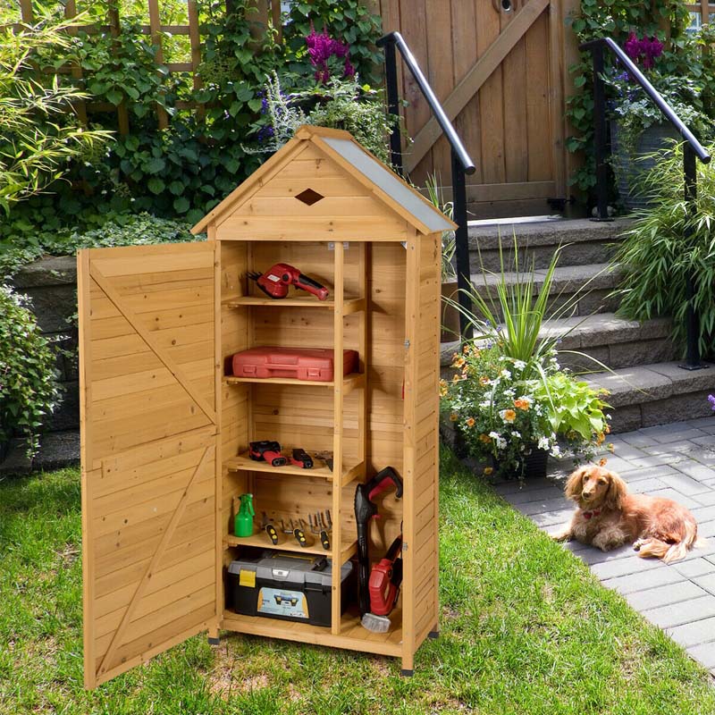 63" Wood Outdoor Storage Shed Lockable Garden Tools Storage Cabinet with 5 Shelves, Galvanized Sheet Roof