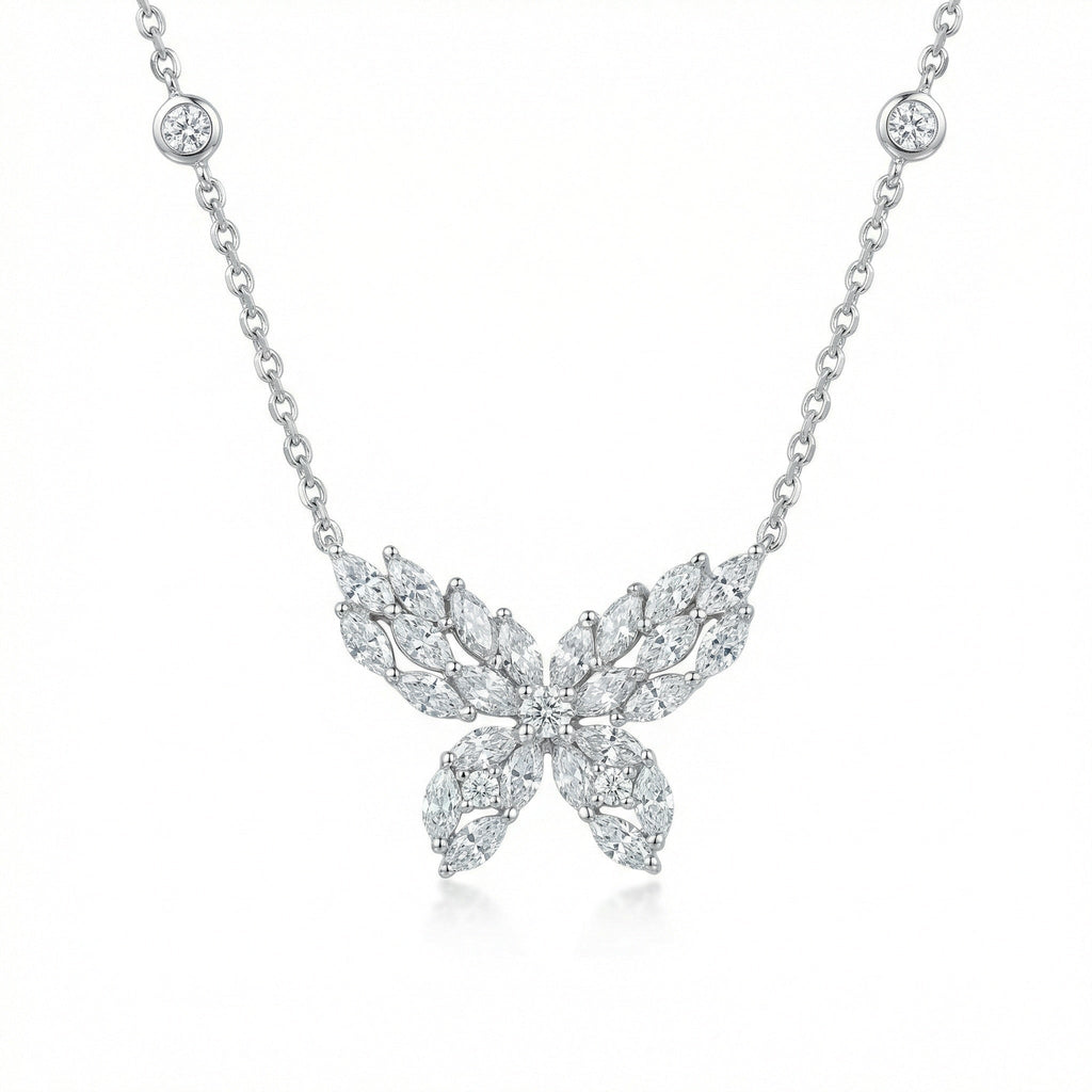 925 Sterling Silver Elegant Marquise CZ Butterfly Necklace with Bezel-Set Station Accents