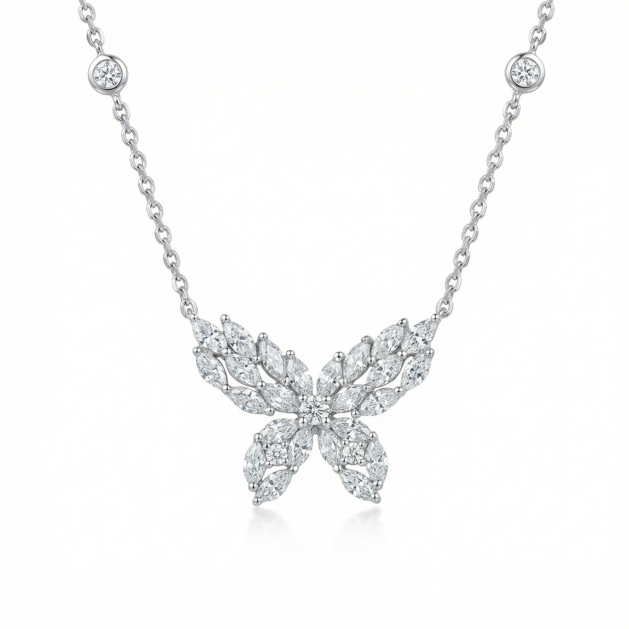 925 Sterling Silver Elegant Marquise CZ Butterfly Necklace with Bezel-Set Station Accents