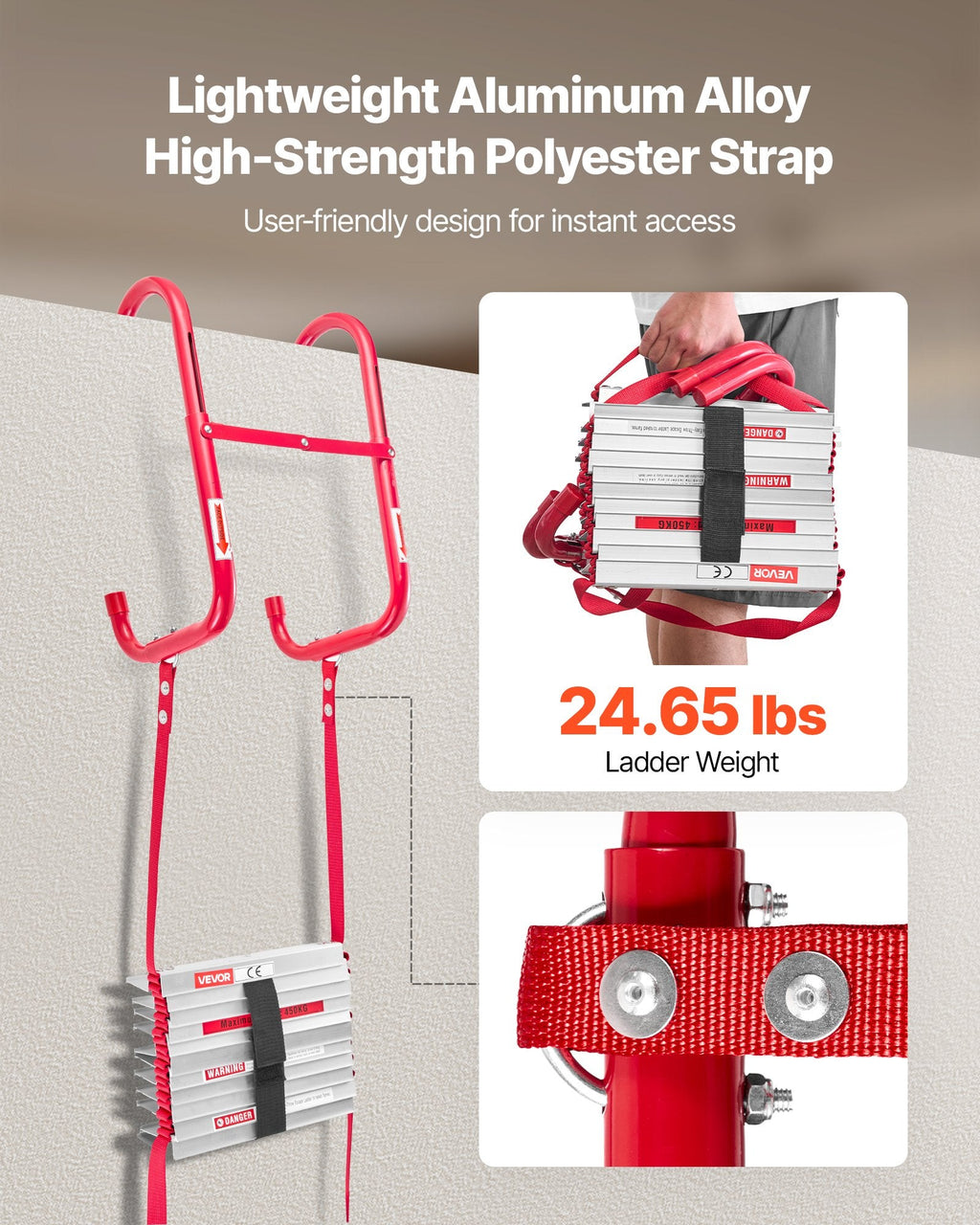 Fire Escape Ladder, 5-6 Story 50FT Retractable Emergency Fire Ladder, Lightweight Aluminum Alloy Safety Escape Ladders With Sturdy Polyester Strap, Anti-Slip & Wide Rungs, 1000LBS Max Loading
