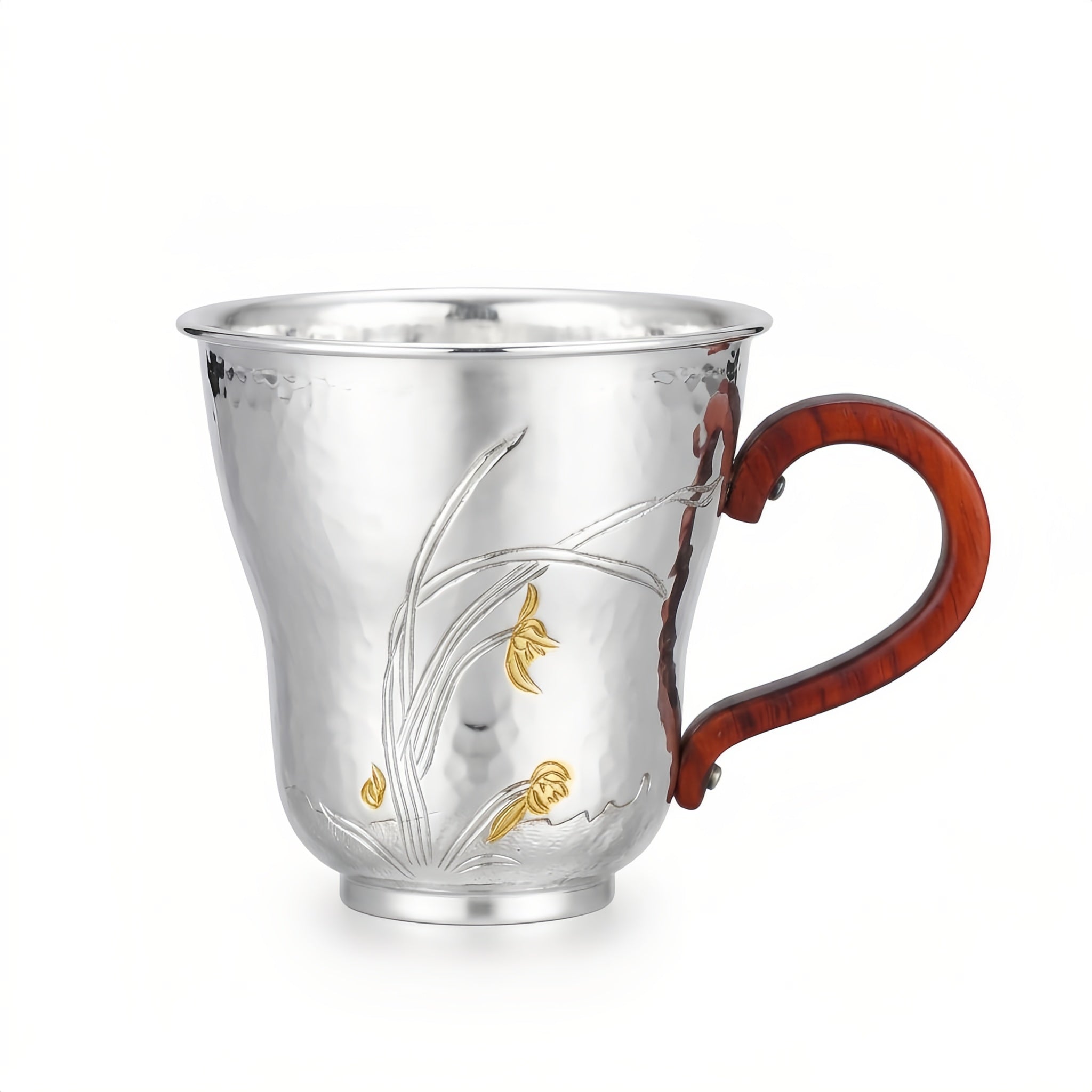 925 Sterling Silver Handcrafted Silver Mug with Orchid Motif and Wooden Handle - Handicraft