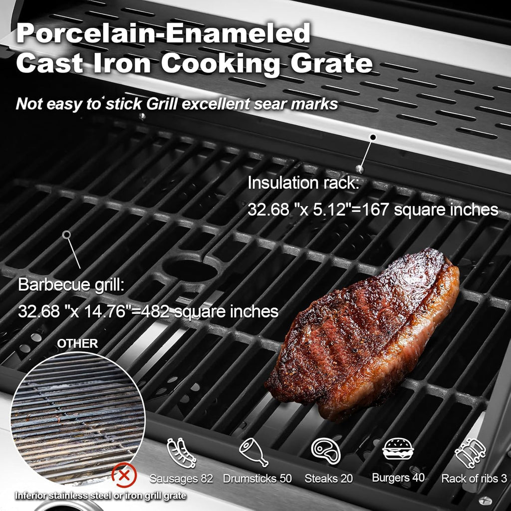 Upgraded 4 Burner BBQ Propane Gas Grill with Cast Iron Grates & Side Stove, 44,000 BTU Stainless Steel Burner Barbecue Grill for Patio, Camping, Outdoor Cooking MELLCOM