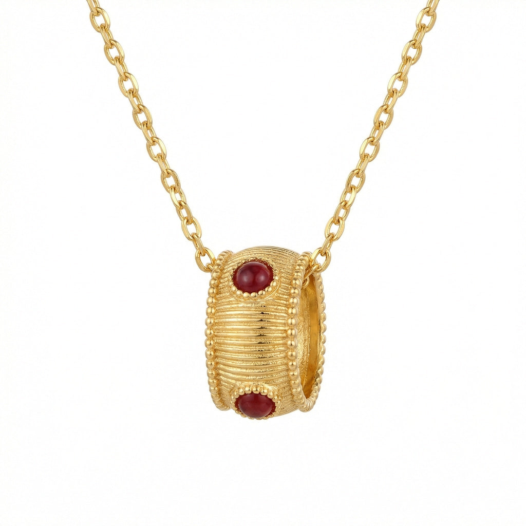 925 Sterling Silver Elegant Ribbed Barrel Pendant Necklace with Deep Red Cabochons