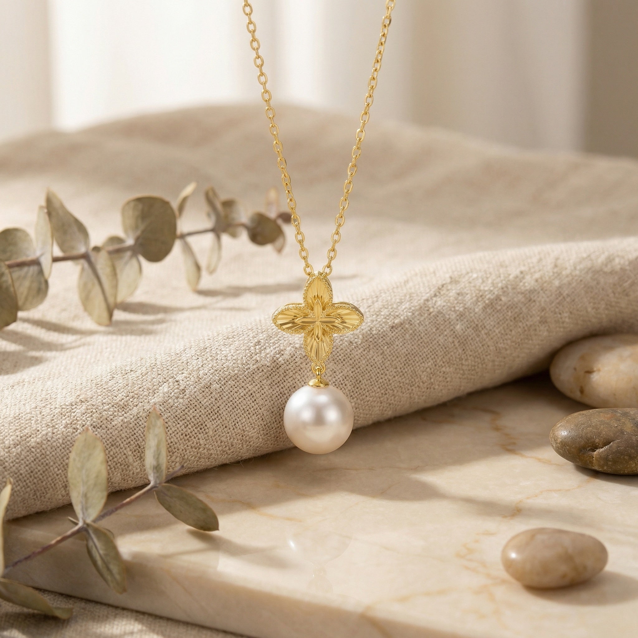 925 Sterling Silver Radiant Floral Motif Pendant Necklace with Lustrous White Pearl Drop