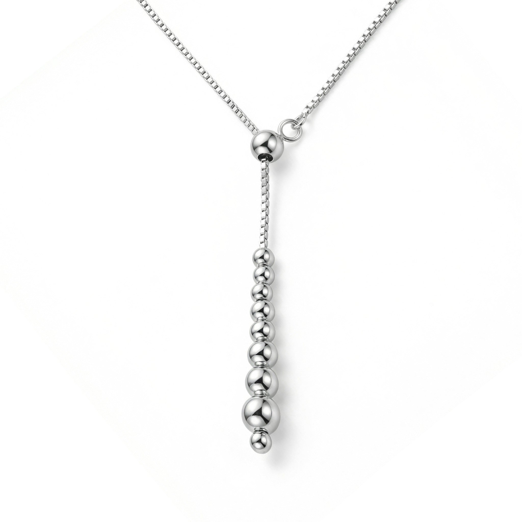 925 Sterling Silver Elegant Sterling Silver Graduated Bead Lariat Necklace with Adjustable Slider Box Chain