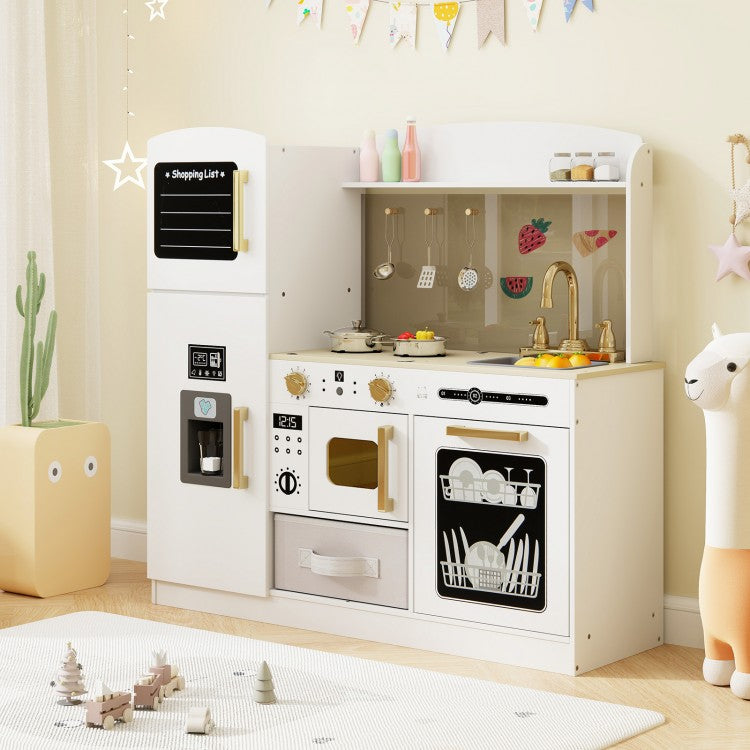 Wooden Kids Kitchen Playset with Chalkboard Ice Maker Sink Lighted Microwave
