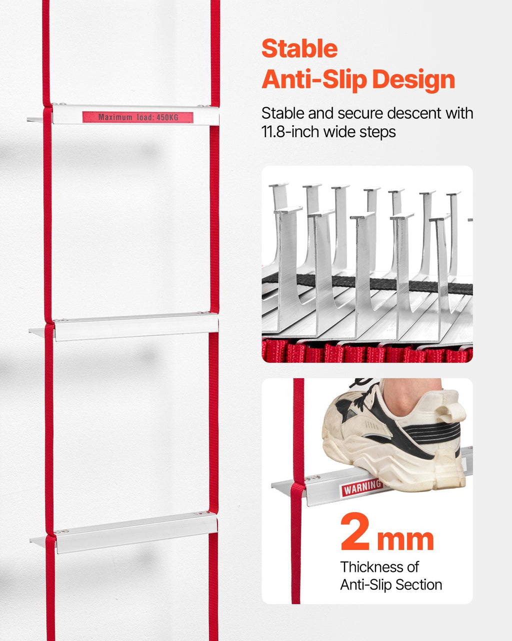 Fire Escape Ladder, 5-6 Story 50FT Retractable Emergency Fire Ladder, Lightweight Aluminum Alloy Safety Escape Ladders With Sturdy Polyester Strap, Anti-Slip & Wide Rungs, 1000LBS Max Loading