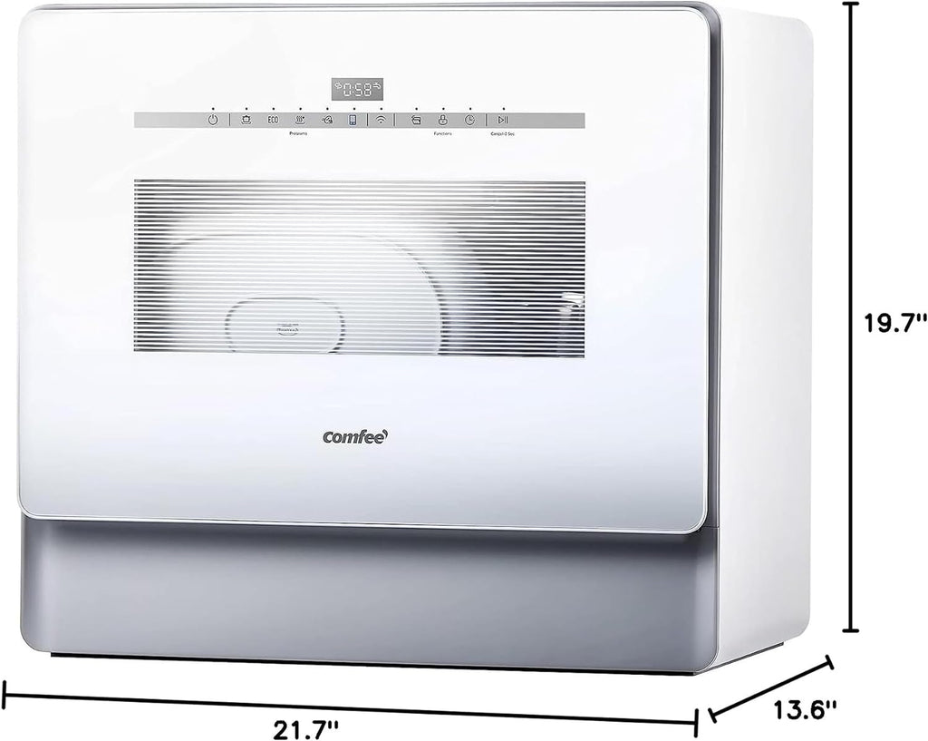 COMFEE' Portable Dishwasher Countertop with 5L Built-in Water Tank, No Hookup Needed, 6 Programs, 360�� Dual Spray, 192??High-Temp& Air-Dry Function, Mini Dishwasher for RVs, White