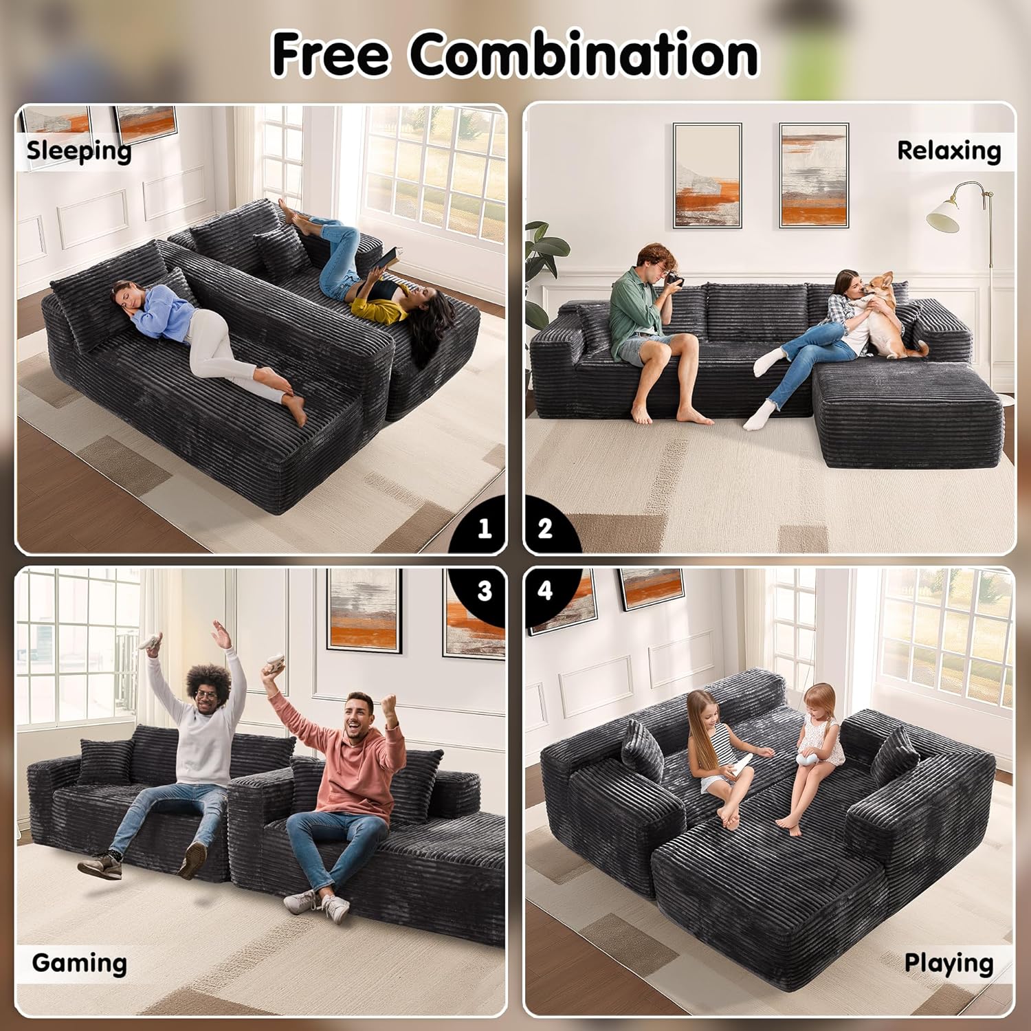 ovios 104" Cloud Sectional Couch with L-Shape Chaise,Modern Modular Sofa with Deep Seat, Upholstered Couches for Living Room Bedroom,No Assembly Required, Black (Corduroy Fabric)