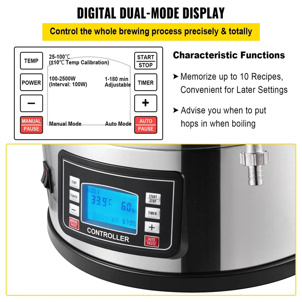 VEVOR Electric Brewing System 9.2 Gal/35 L Brewing Pot All-in-One Home Beer Brewer w/Pump - 9.6Gal