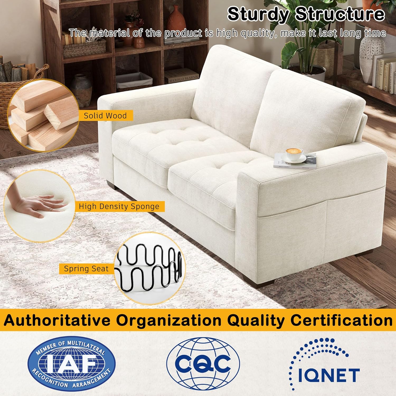 Hanherry 89" Sofa for Living Room, Modern Comfy Sofa with Medium Firm Seat Cushion, Removable Cover,Wide Armrest,USB/Type-C Port,Chenille Fabric Couches for Small Space,Apartment
