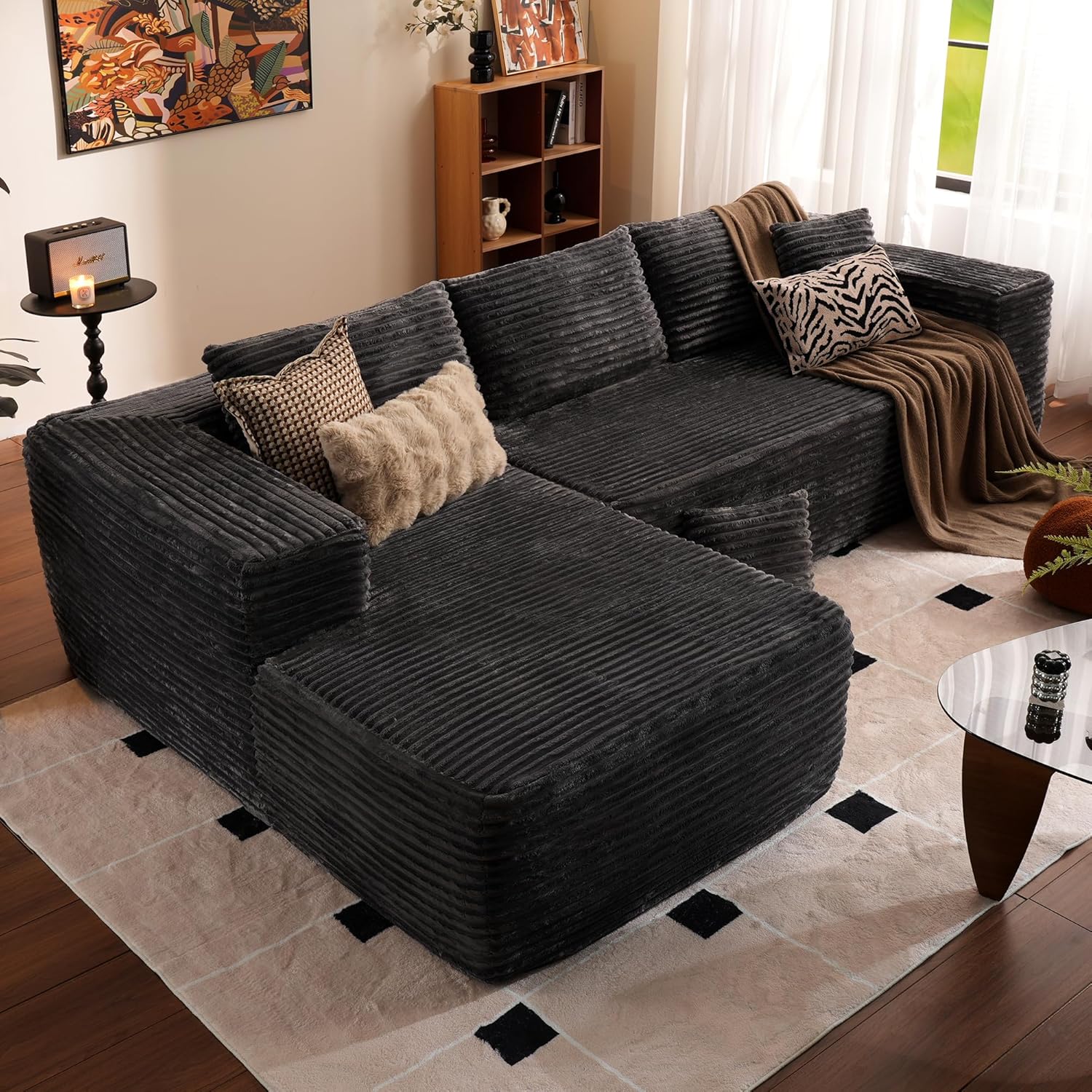 ovios 104" Cloud Sectional Couch with L-Shape Chaise,Modern Modular Sofa with Deep Seat, Upholstered Couches for Living Room Bedroom,No Assembly Required, Black (Corduroy Fabric)