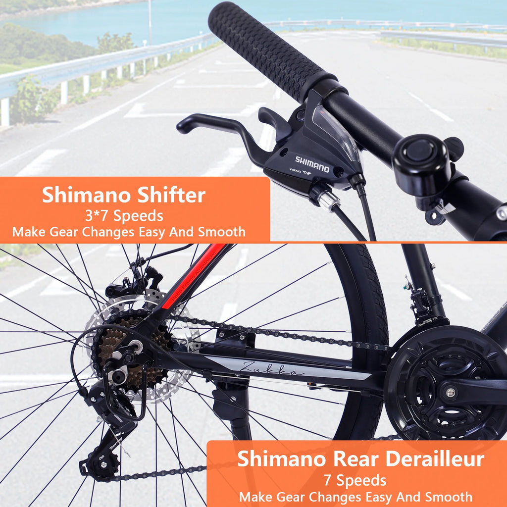 28 inch Hybrid Bike Men, Road Bike with Shimano 21 Speed, 700C Wheels, Comfort Adult Bicycle with Dual Disc Brake, 21” Lightweight Aluminium Frame, Suggested Rider 5’6′′ to 6’2′′ Tall- Silver+Orange