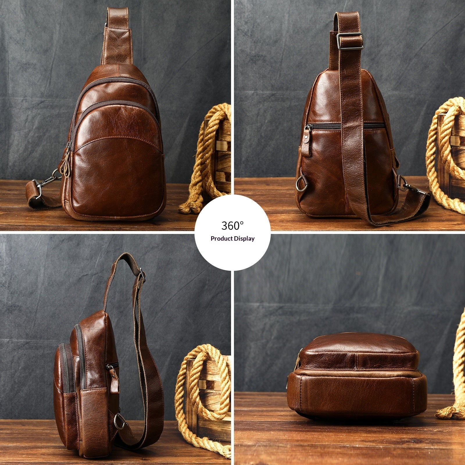 Mens Full-Grain Shoulder Casual Minimalist Chest Bag Large Capacity Genuine Leather