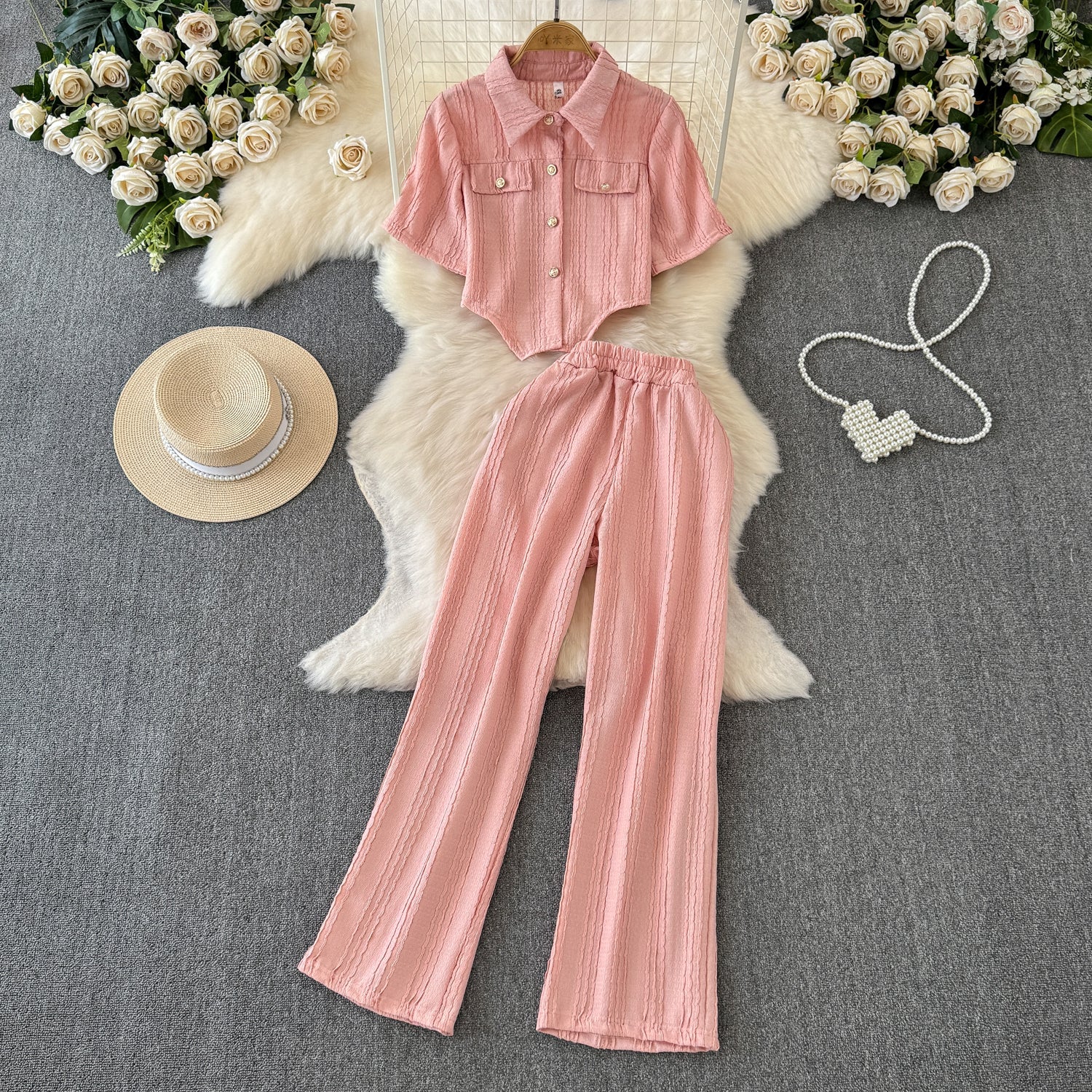 Womens Wide-leg Pants And Slim-fit Single-breasted Top Two-piece Set