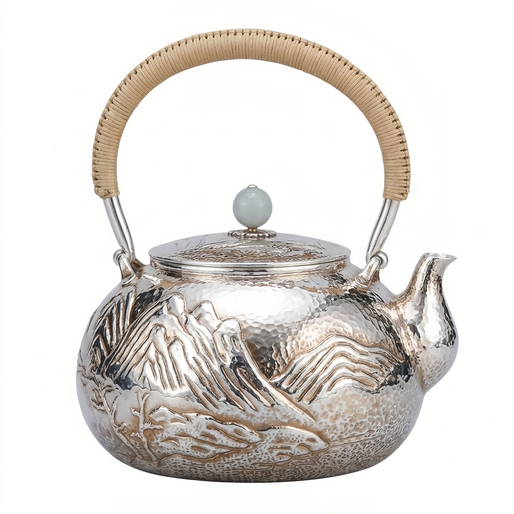 925 Sterling Silver Hand-Hammered Silver Teapot with Embossed Mountain Landscape and Woven Handle - Handicraft