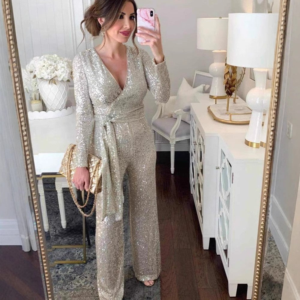 Fashionable V-neck Long-Sleeve Sparkly Beaded Waist-Cinched Jumpsuit