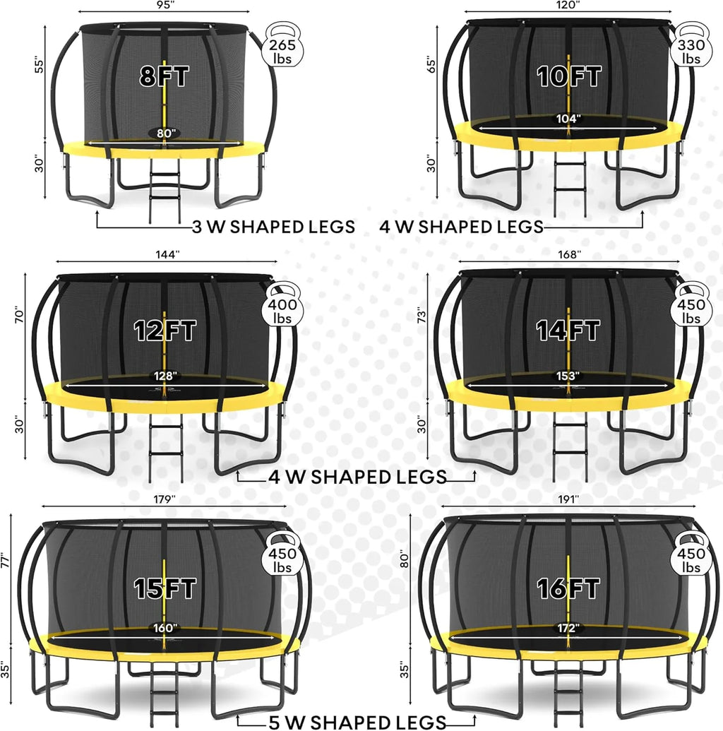 JUMPZYLLA Trampoline 8FT 10FT 12FT 14FT 15FT 16FT Trampoline with Enclosure - Recreational Trampolines with Ladder and AntiRust Coating, ASTM Approval Outdoor Trampoline for Kids