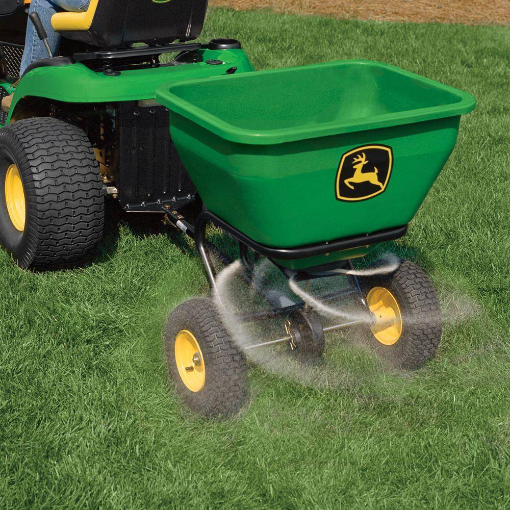 John Deere 175 lb Tow-Behind Broadcast Spreader, Rustproof Poly Hopper, Universal Fit