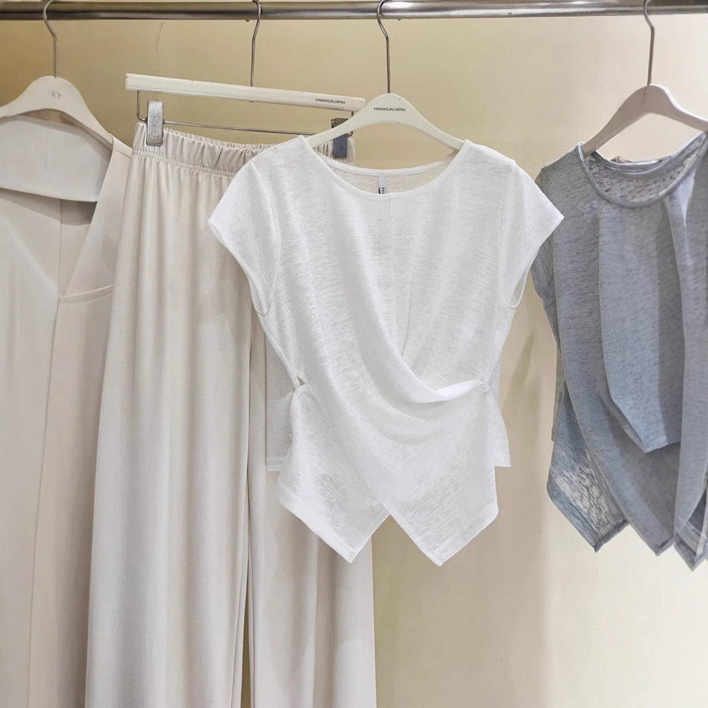Korean-style Buttoned Crossover Hem Short-sleeve T-shirt