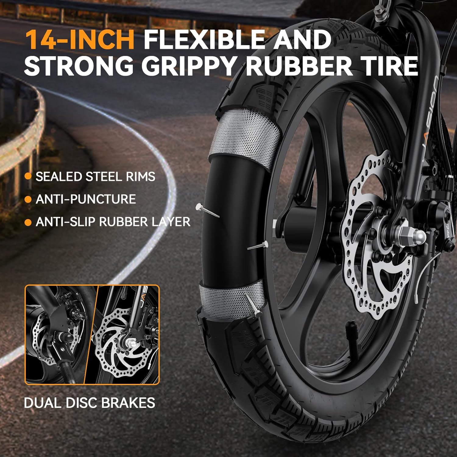 Jasion EB3 Electric Bike Adults 21mph, 500W Peak Motor, 270Wh Battery, Rear Suspension, 3 Levels Assist, 14" Folding Ebike for Adults and Teens, Complies to UL2849