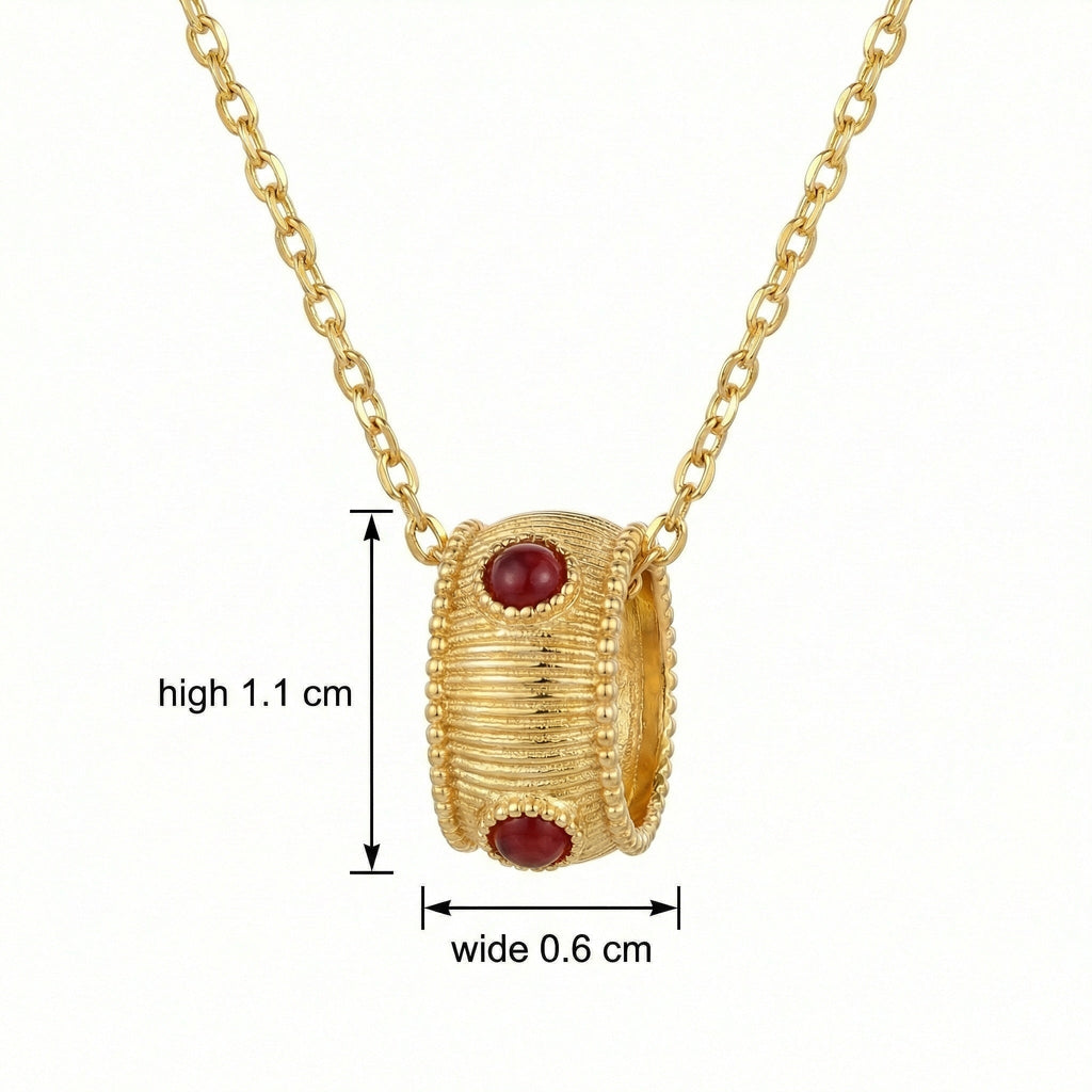 925 Sterling Silver Elegant Ribbed Barrel Pendant Necklace with Deep Red Cabochons