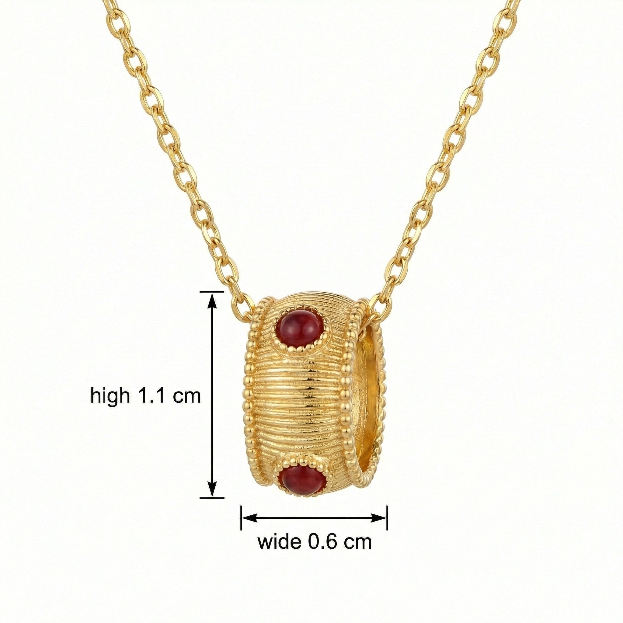 925 Sterling Silver Elegant Ribbed Barrel Pendant Necklace with Deep Red Cabochons