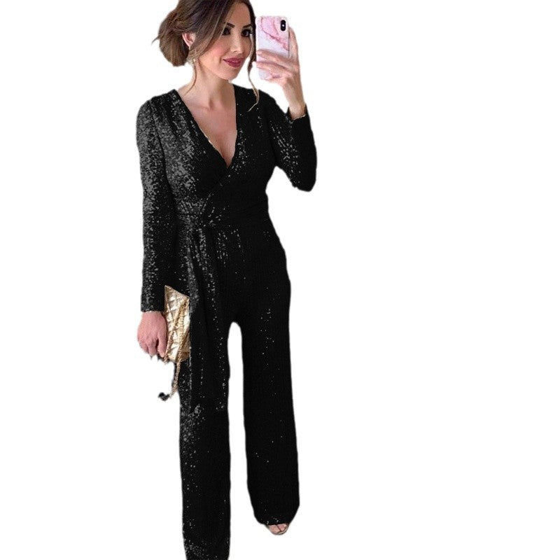 Fashionable V-neck Long-Sleeve Sparkly Beaded Waist-Cinched Jumpsuit