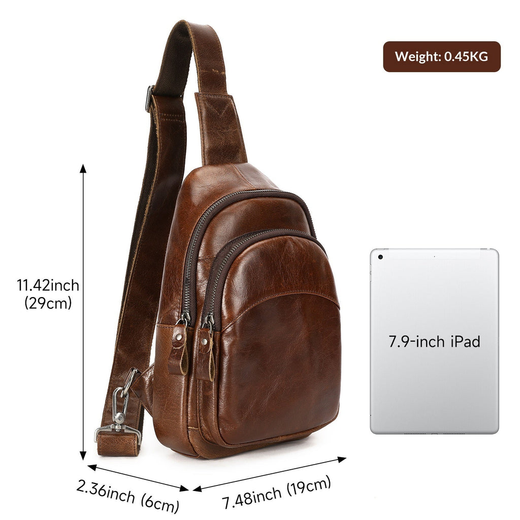 Mens Full-Grain Shoulder Casual Minimalist Chest Bag Large Capacity Genuine Leather