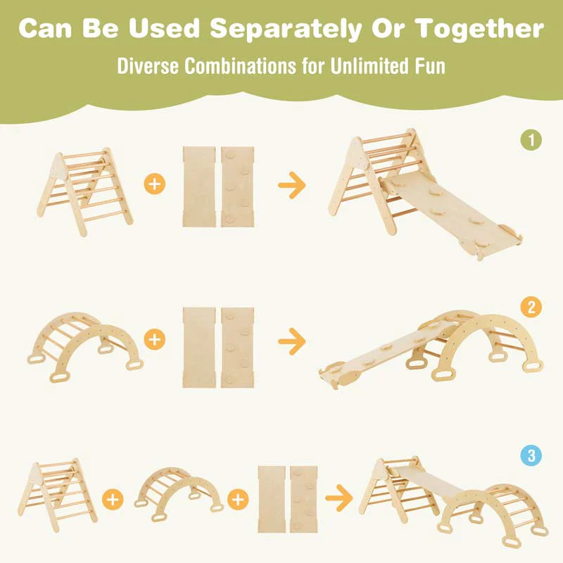 5-in-1 Montessori Wooden Climbing Toys for Toddlers, Arch Climber Ladder with Sliding Ramp, Kids Triangle Climber Play Gym Set